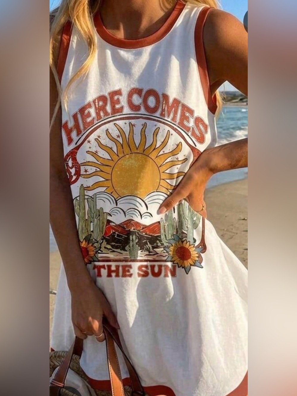 Graphic 'Here Comes The Sun' White Tank Dress with Sunflower Print